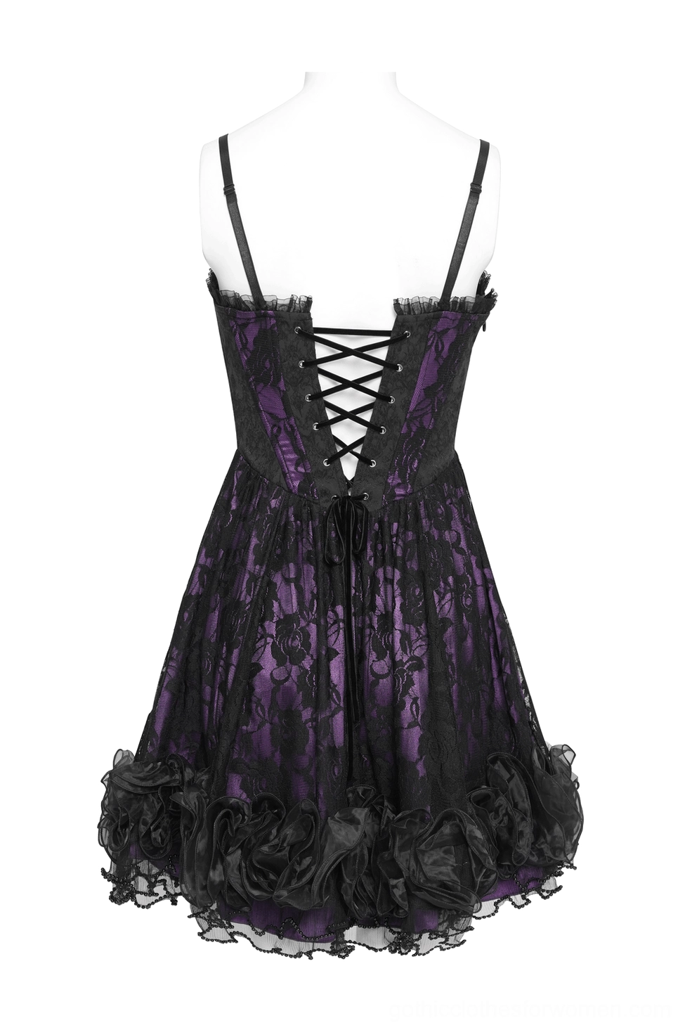 Side profile of gothic corset mini dress highlighting adjustable spaghetti straps and flowy lace skirt