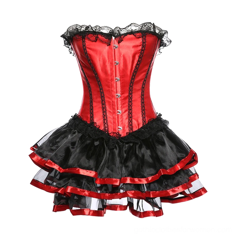 Flat product view of complete gothic corset and mini skirt set - red satin fabric with tiered ruffle skirt and red ribbon accents