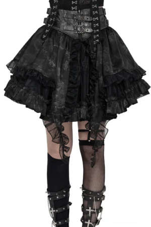 Black gothic corset lace-up mini skirt with layered ruffles, front low-angle view on model showing marble texture and tulle asymmetric hem