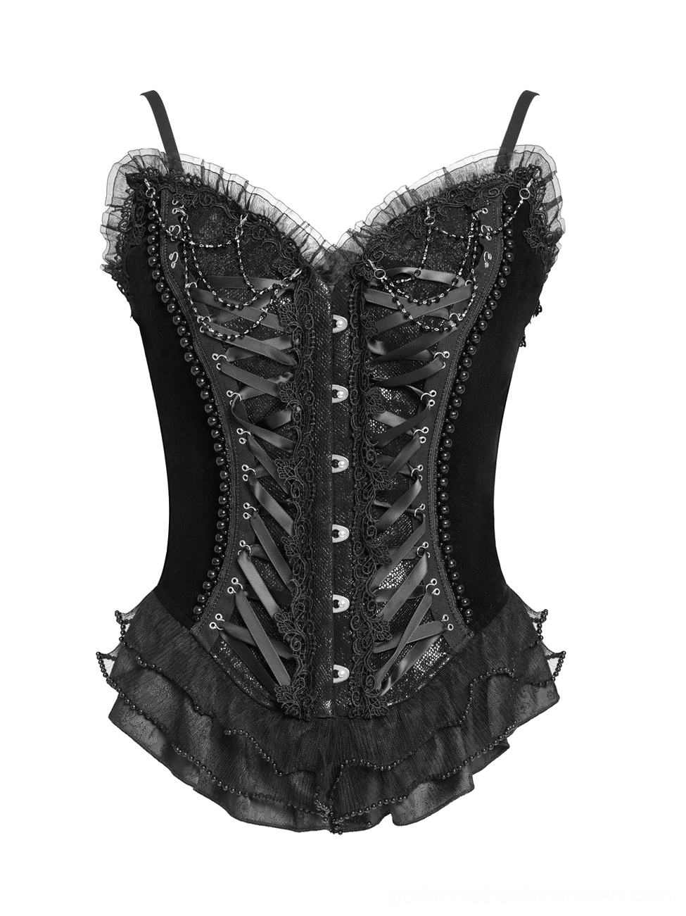Black satin strap gothic corset with sweetheart neckline and beaded front details on dress form