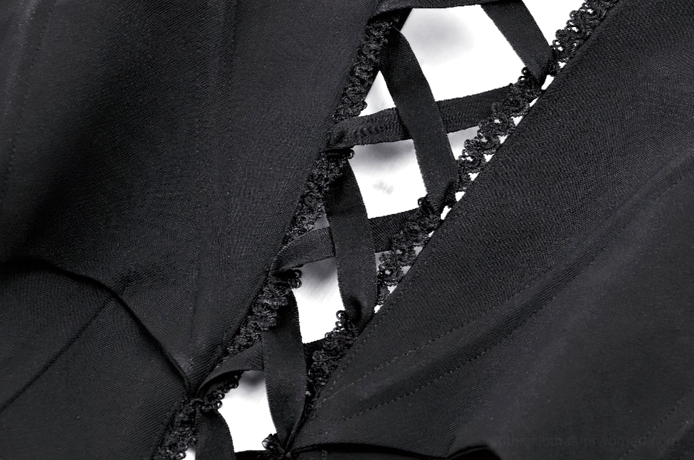 Gothic alternative fashion corset top showing overall proportions, fit, and dramatic bat wing design elements
