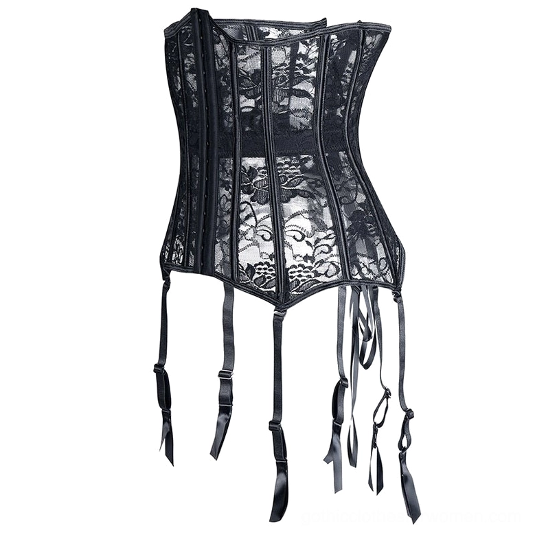 Front-side view of black gothic corset showing vertical paneled lace design and boning