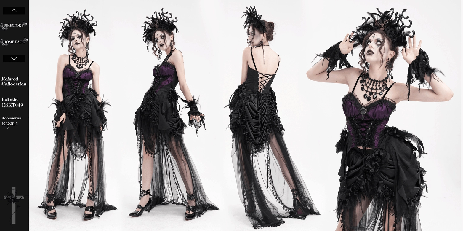Gothic lace-up corset top product showcase with lighting highlighting fabric details and embellishments