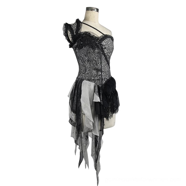 Asymmetrical gothic corset rear three-quarter view on dress form, tattered hem detail, back lace-up closure, paisley pattern