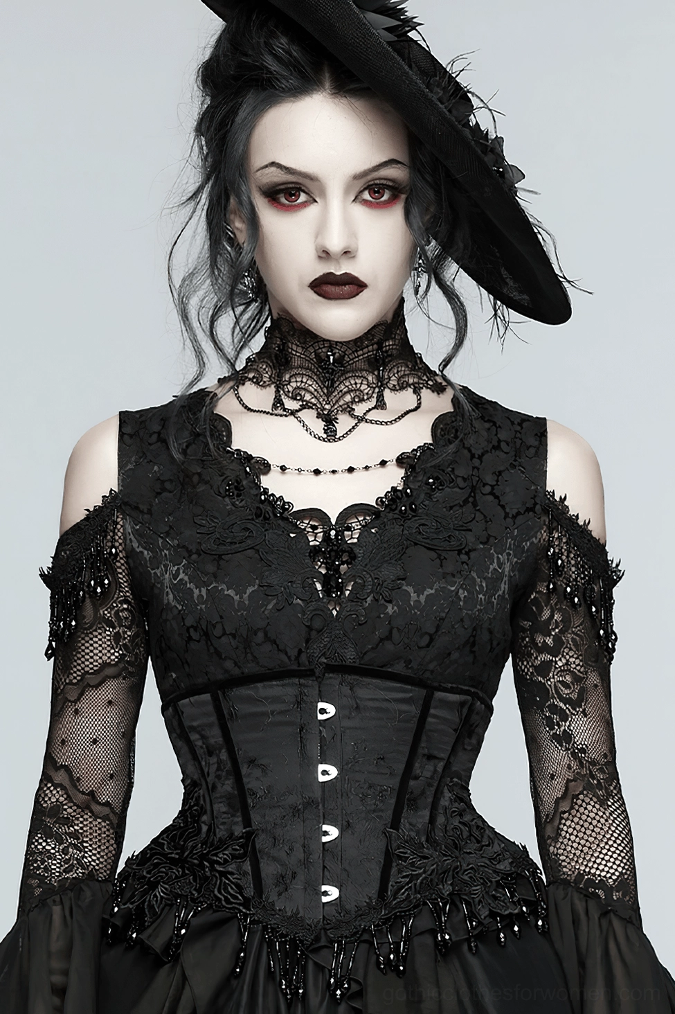 Gothic black corset with velvet rose appliqué and textured jacquard fabric styling view