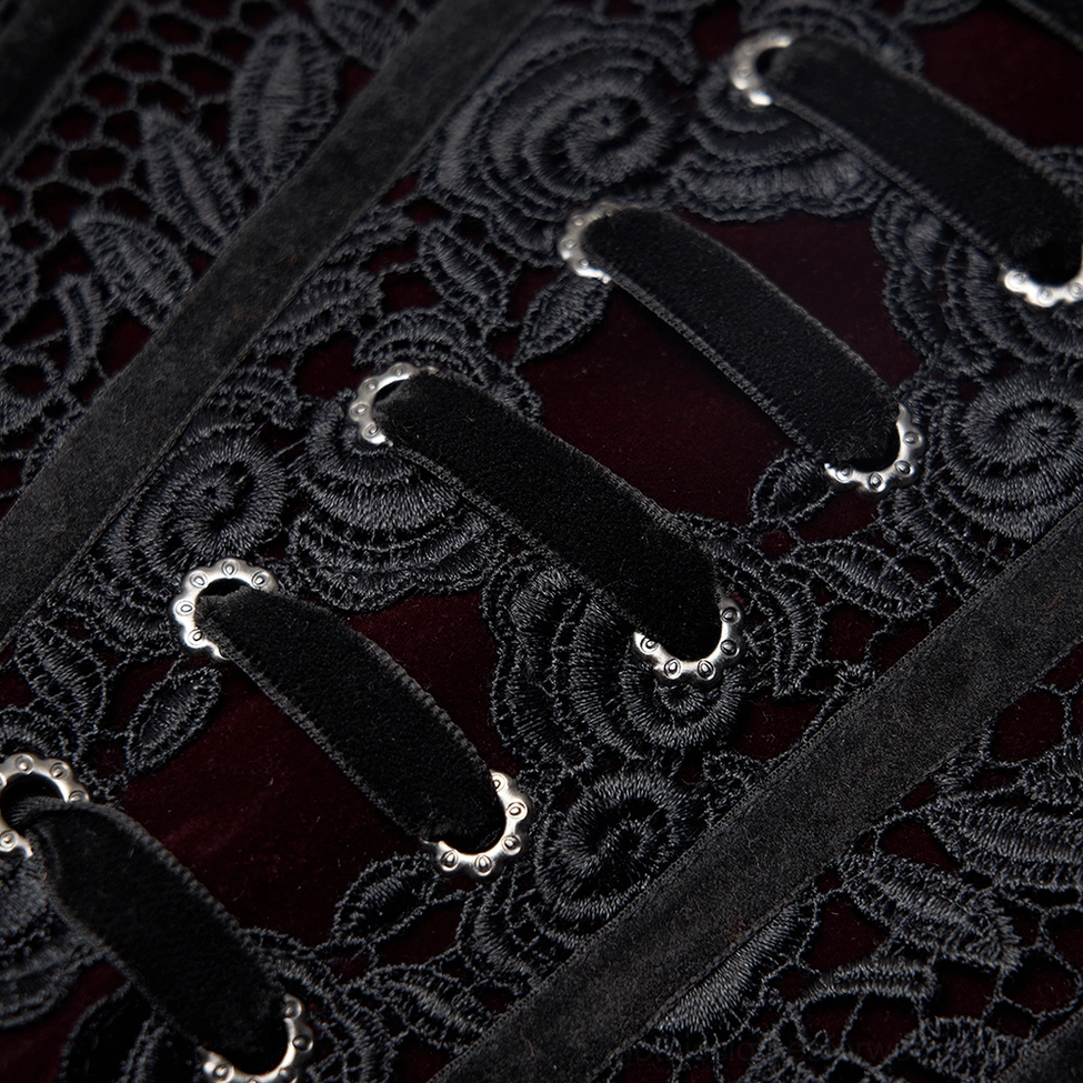 Macro close-up of black rose floral lace embroidery on wine red velvet gothic corset