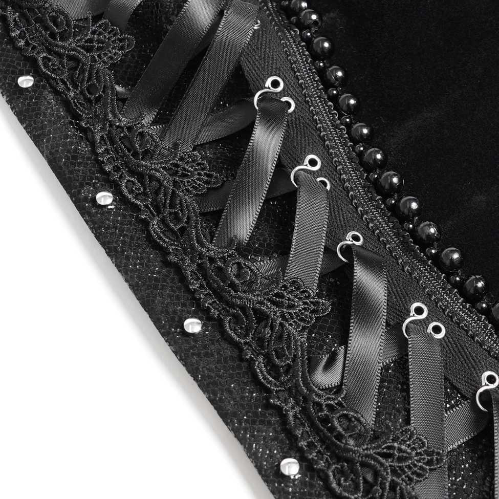 Gothic corset display highlighting ruffled hem trim and structured lace-up front design