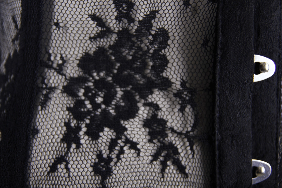 Black gothic sheer corset edge detail, ruffled lace trim and feather accent embellishment