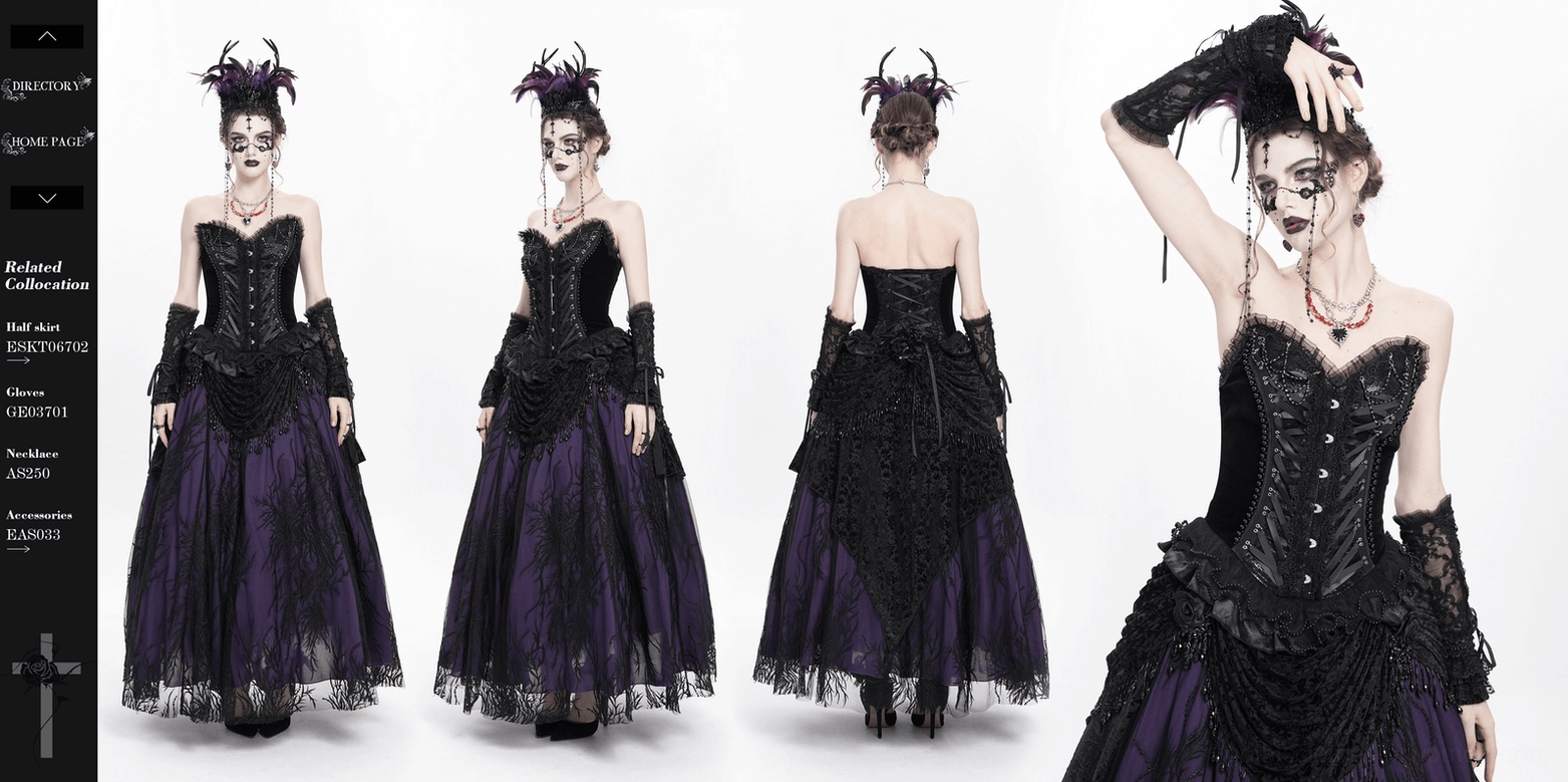 Black lace-up gothic corset with complete ruffled hem detail and alternative fashion styling
