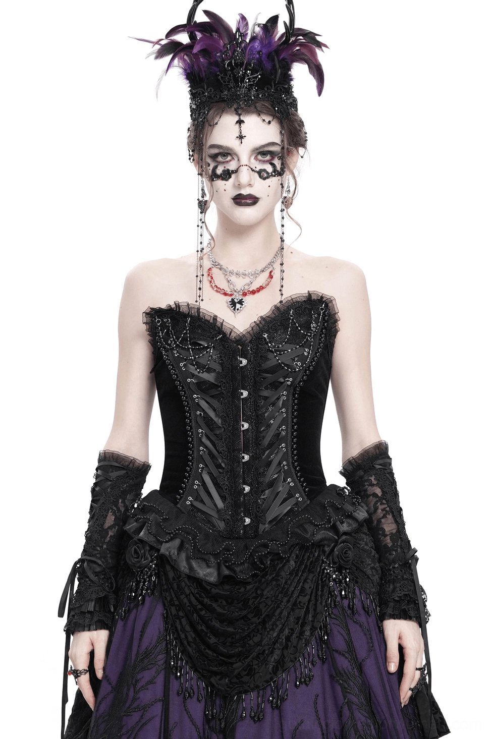 Black lace-up gothic corset with ruffled hem and satin straps, styled as a complete gothic ensemble with feathered headpiece and dramatic styling