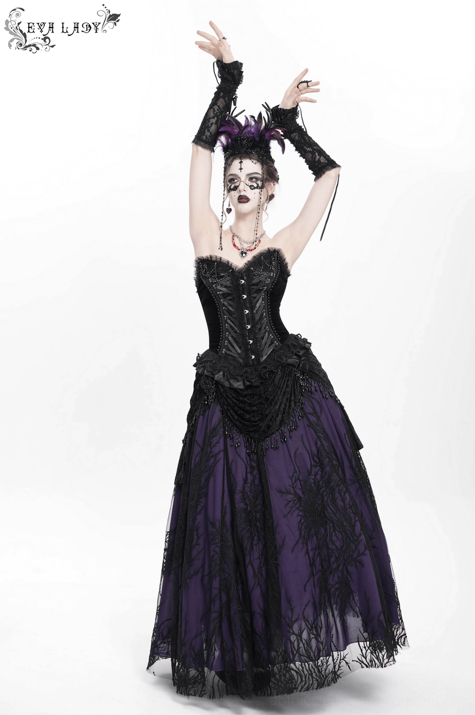 Black gothic corset with satin ribbon lacing and decorative metal hardware details