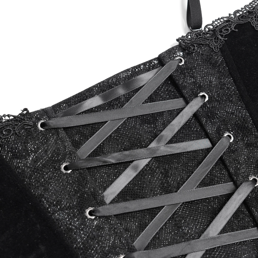 Close-up of gothic corset satin ribbon lace-up with metal eyelets and lace embroidery