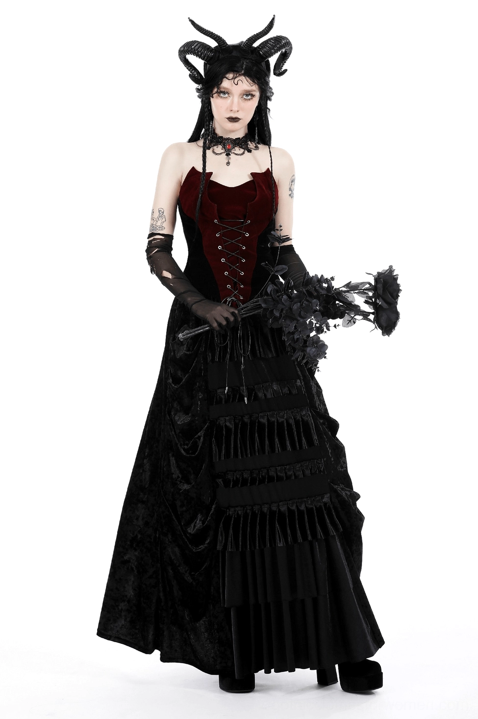 Black velvet gothic corset back design, shirred ruched panel construction and elegant silhouette