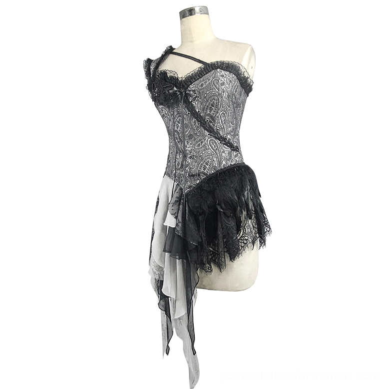 Gothic corset side-front view on mannequin showing paisley jacquard fabric, feather-lace side trim, irregular tattered hem