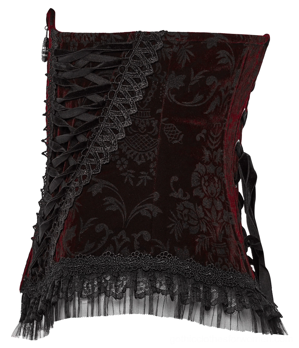Side view of gothic corset showing lace trim and adjustable ribbon detail