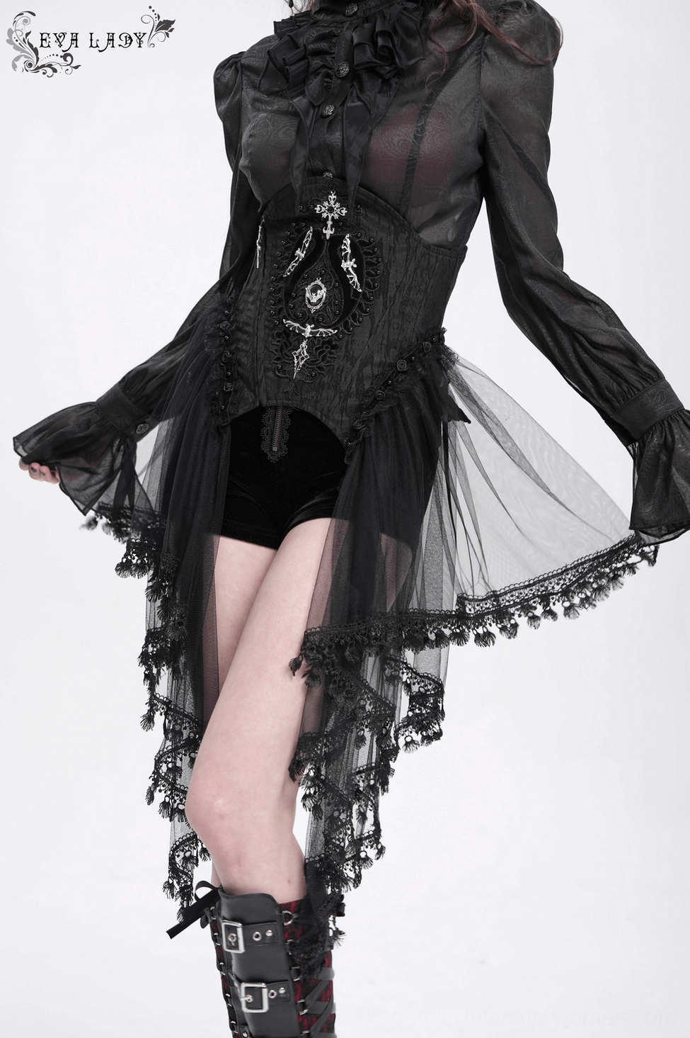 Gothic corset side profile showing architectural silhouette, underbust placement, and lace-up back adjustment system