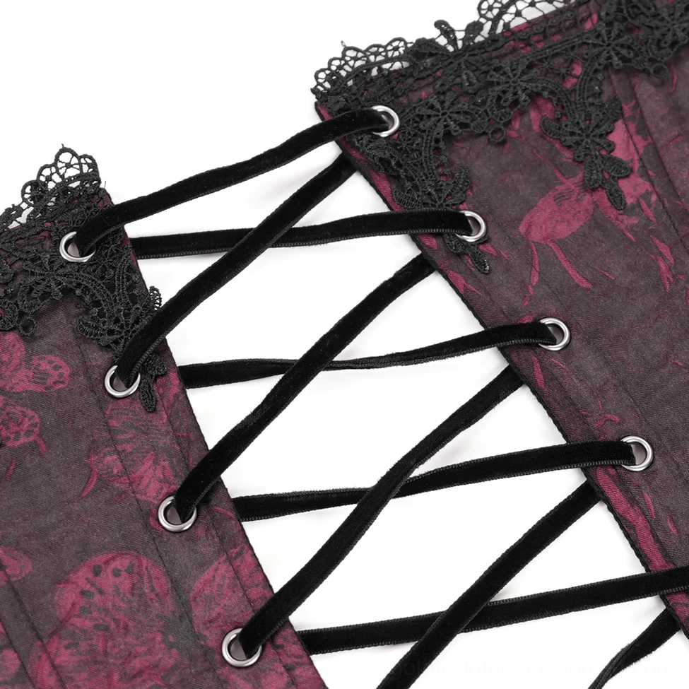 Wine red brocade corset side profile showing corset contours and structured slim-fit silhouette
