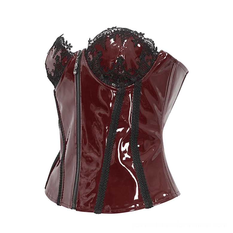 Gothic corset left side view with glossy patent leather and embroidered lace trim
