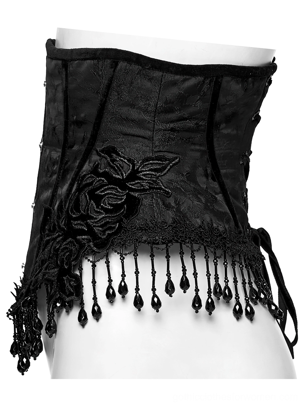 Side view of underbust gothic corset showing rose embroidery and beaded tassel fringe trim