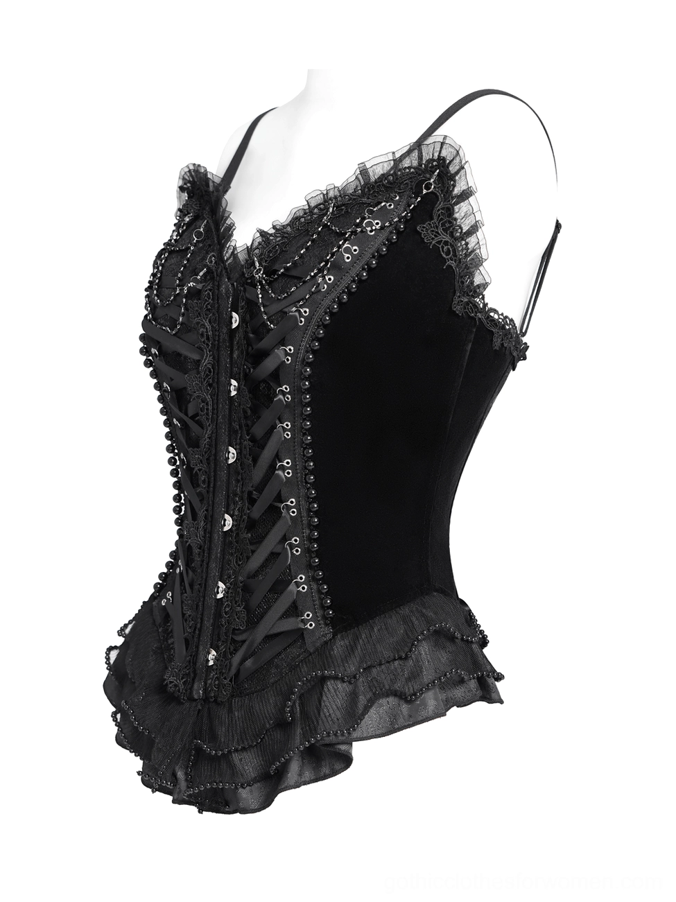 Side profile view of black gothic corset showing ruffle trim and satin strap construction