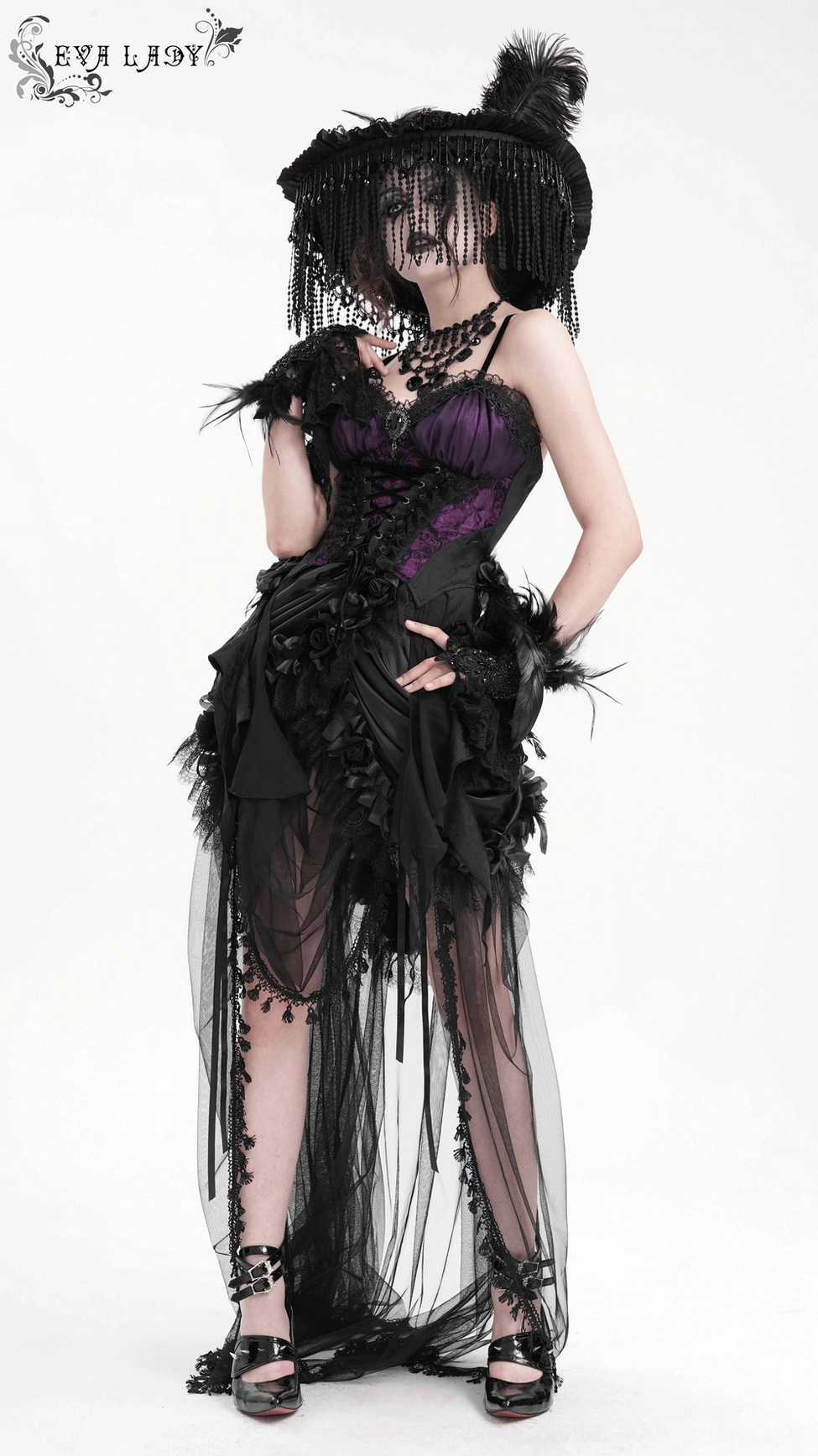 Purple and black gothic lace-up corset top size chart reference and measurement guide detail