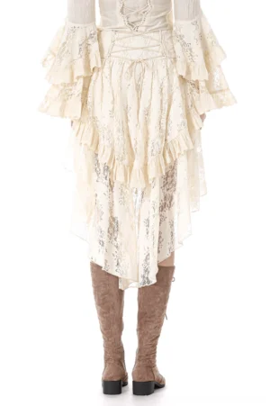 Cream gothic lace-up skirt rear back view model showing corset lacing and layered ruffle details