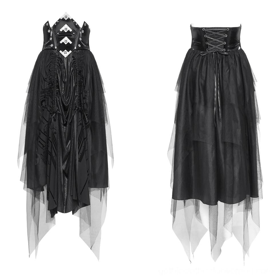 Black corset mesh maxi skirt flat lay display showing skeleton print and asymmetrical tulle hem construction