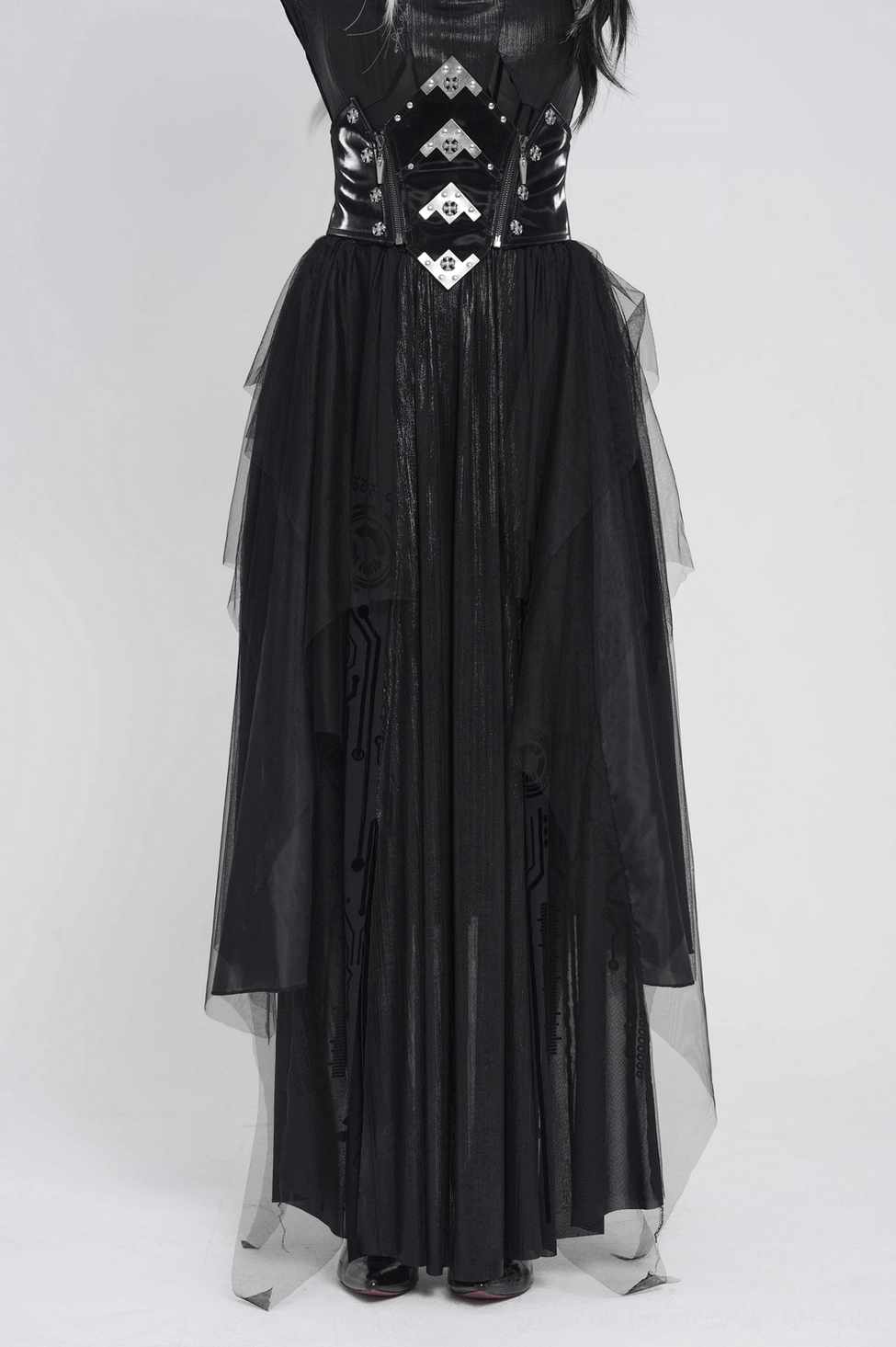 Black corset gothic maxi skirt detail view showing hardware and structural design elements