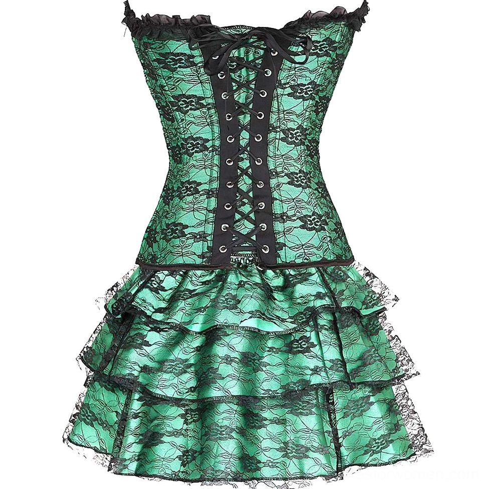 Victorian corset and skirt set flat lay, showing ruffled strapless emerald corset with black lace detailing and layered ruffled skirt assembly