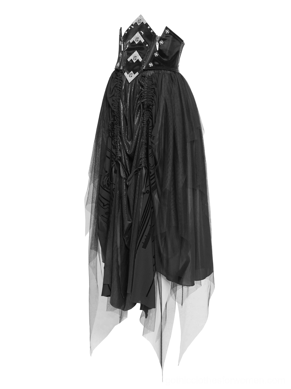 Black corset midi gothic skirt front side view with geometric hardware corset waist and uneven tulle hem