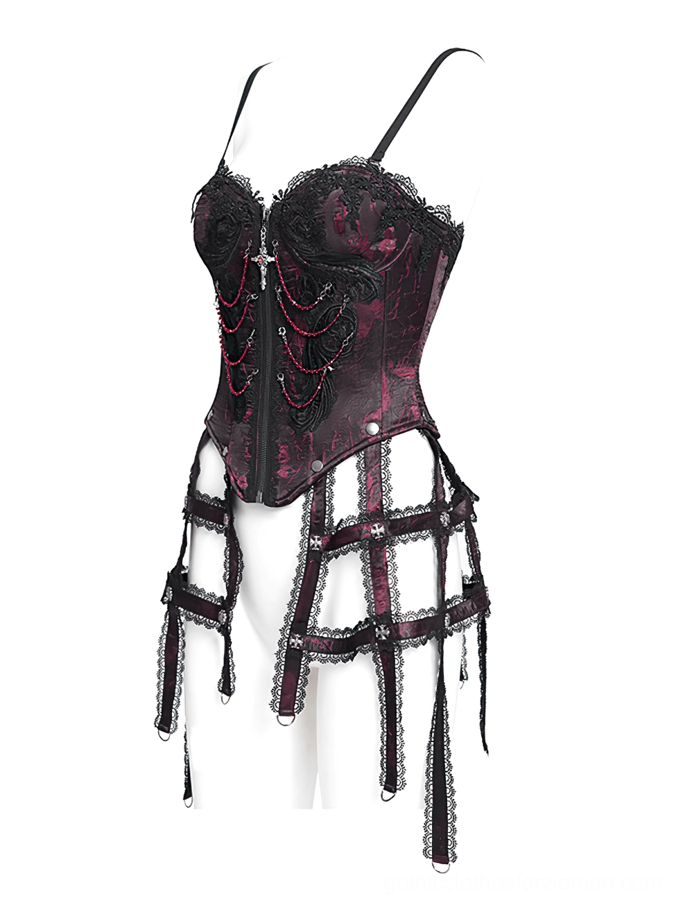 Gothic corset with thin adjustable spaghetti straps and layered lace-trimmed garter straps display view