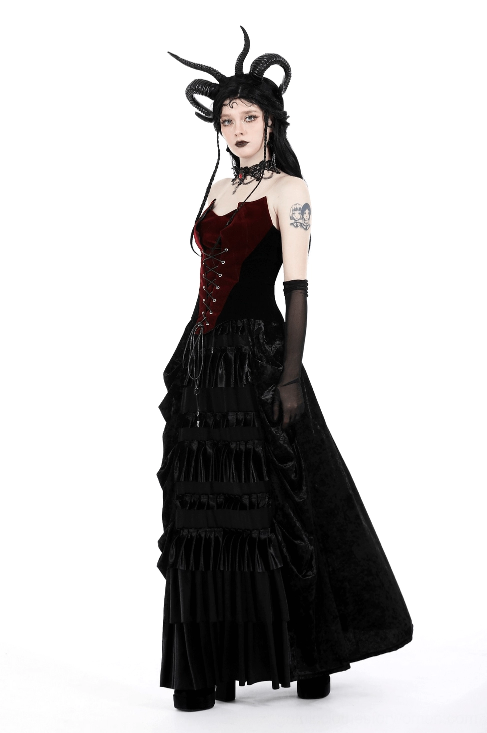 Velvet gothic corset full product view showing structured boning, lace-up closure and body-contouring fit