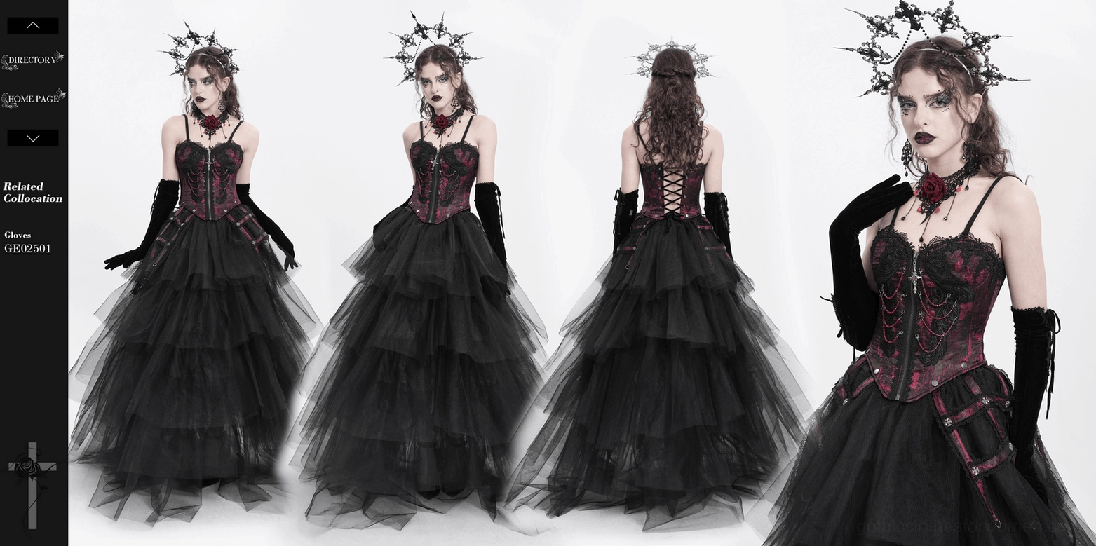 Wine red gothic corset styling guide showing alternative fashion pairing and complete outfit coordination