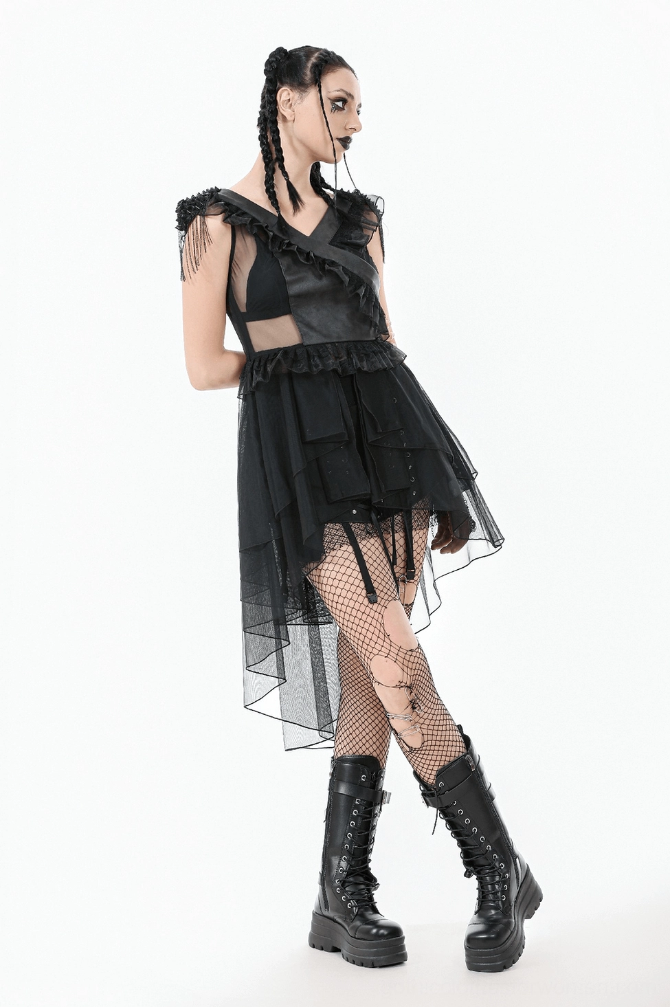 Gothic lace-up corset tiered tulle dress front three-quarter view showing complete design silhouette and dramatic aesthetic