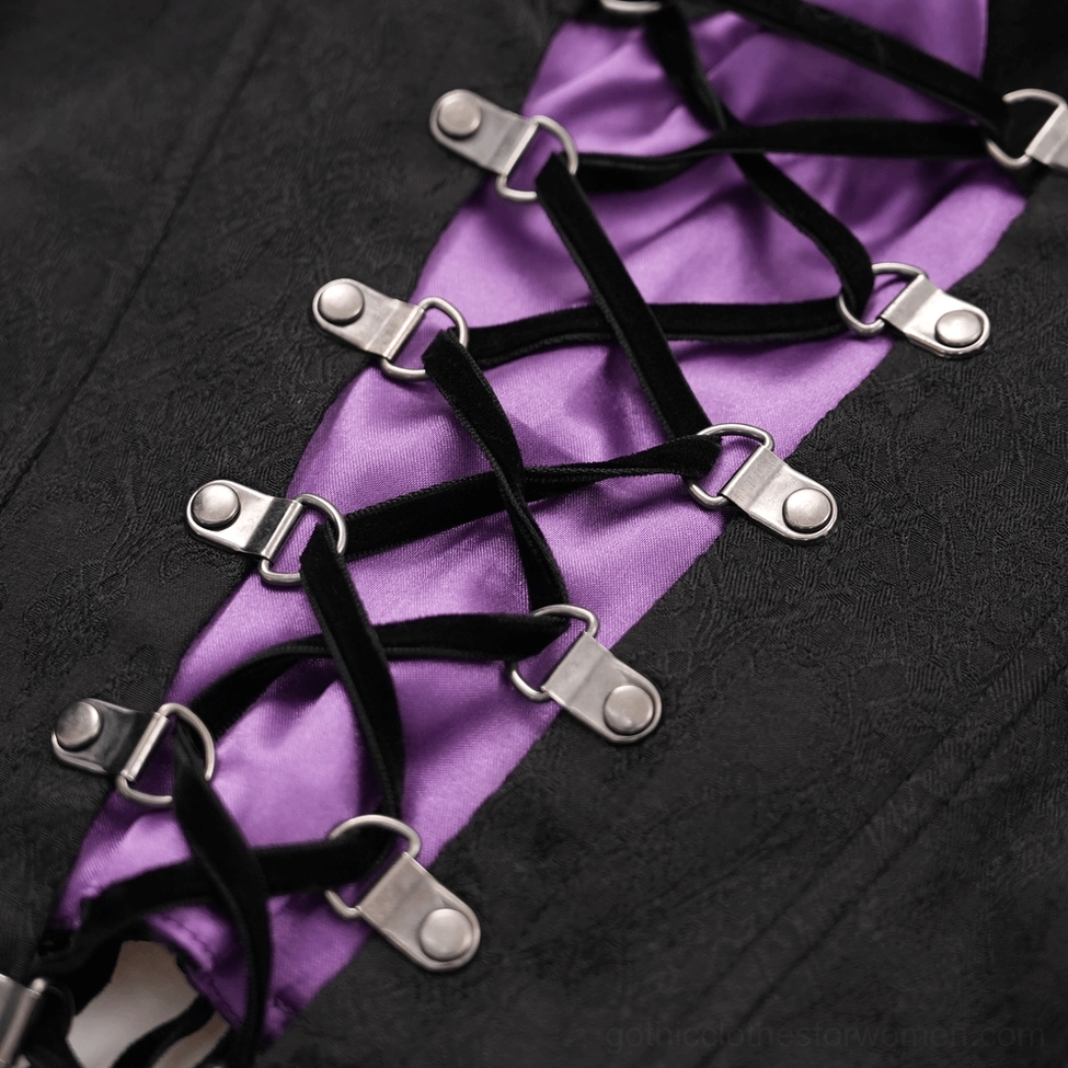 Gothic lace-up corset top showing adjustable front closure and dark purple black color palette