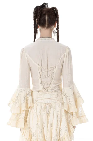 Gothic bell sleeve corset top back view showing lace-up corset closure and dramatic bell sleeves