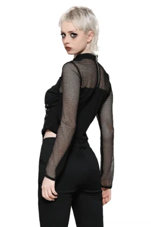 Gothic fishnet sleeve corset top back view showing exposed zipper closure and mesh shoulder panels