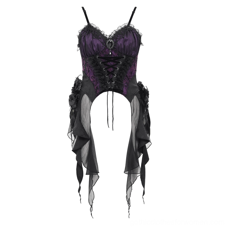 Purple and black gothic lace-up corset top flat lay front view with sheer ruffled side panels
