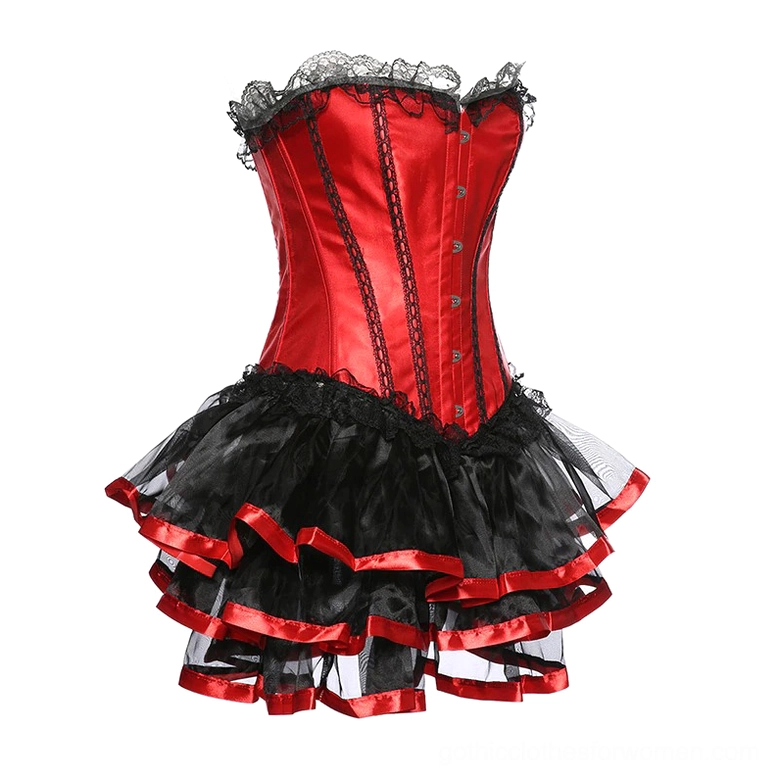 Flat lay of corset top showing front button fasteners, black lace neckline trim, and structured boning detail on red satin