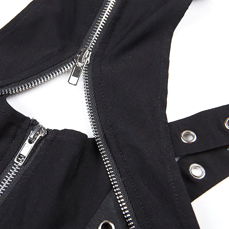 Close-up detail shot of metal hardware on black gothic corset top, including dual zippers, rivet straps, and matte black woven fabric texture