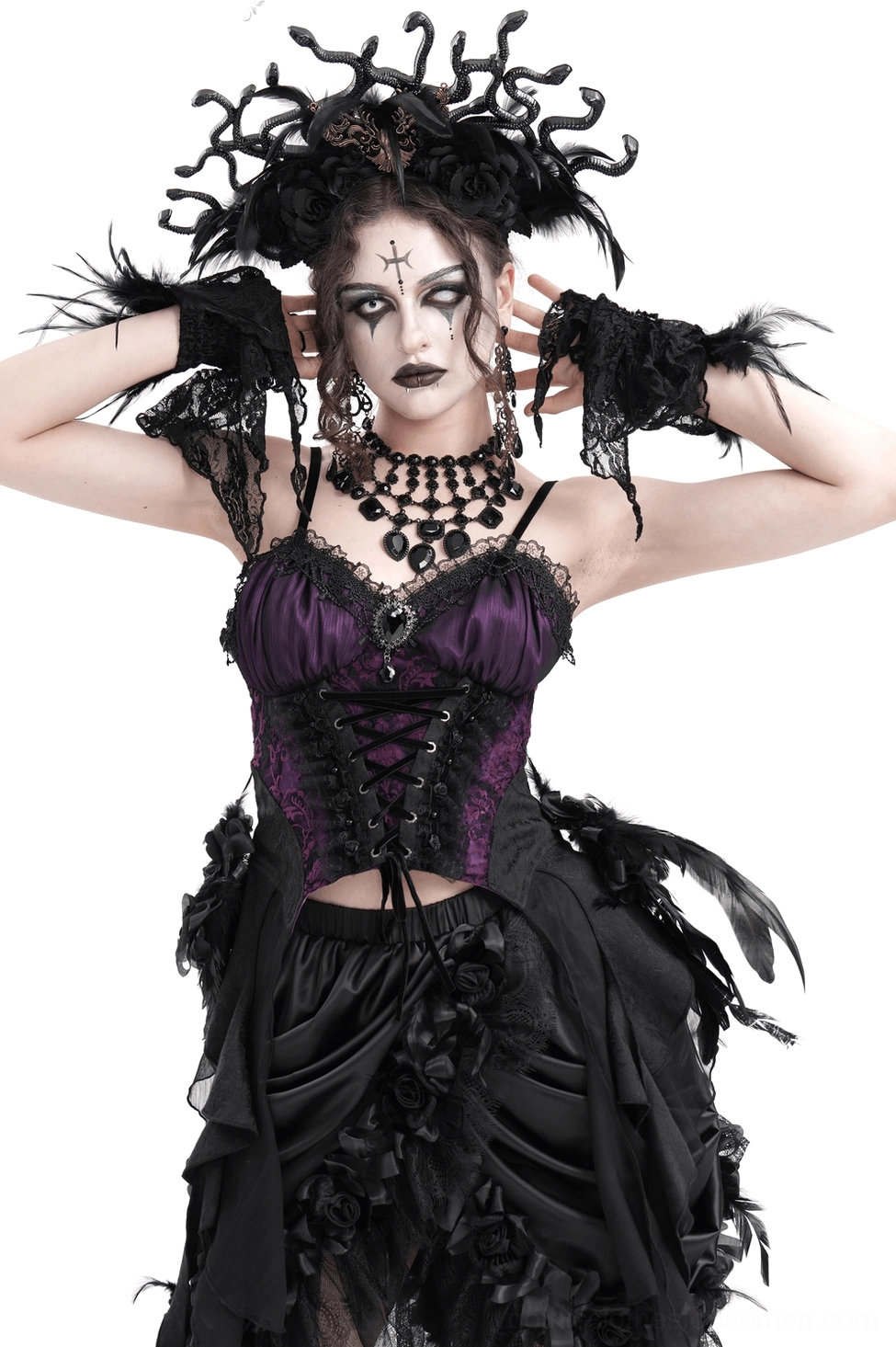 Purple and black gothic lace-up corset top with floral accents, front view on goth model with feather gloves