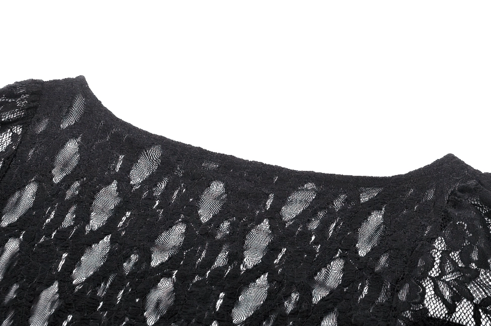 Back neck detail of gothic lace corset top with scoop neckline and intricate sheer lace pattern