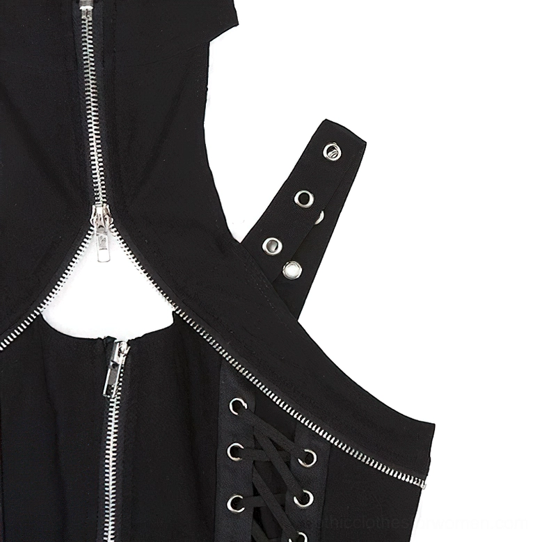 Side close-up detail of black gothic corset top showing metal zipper, cutout neckline, rivet-studded strap, and lace-up trim construction