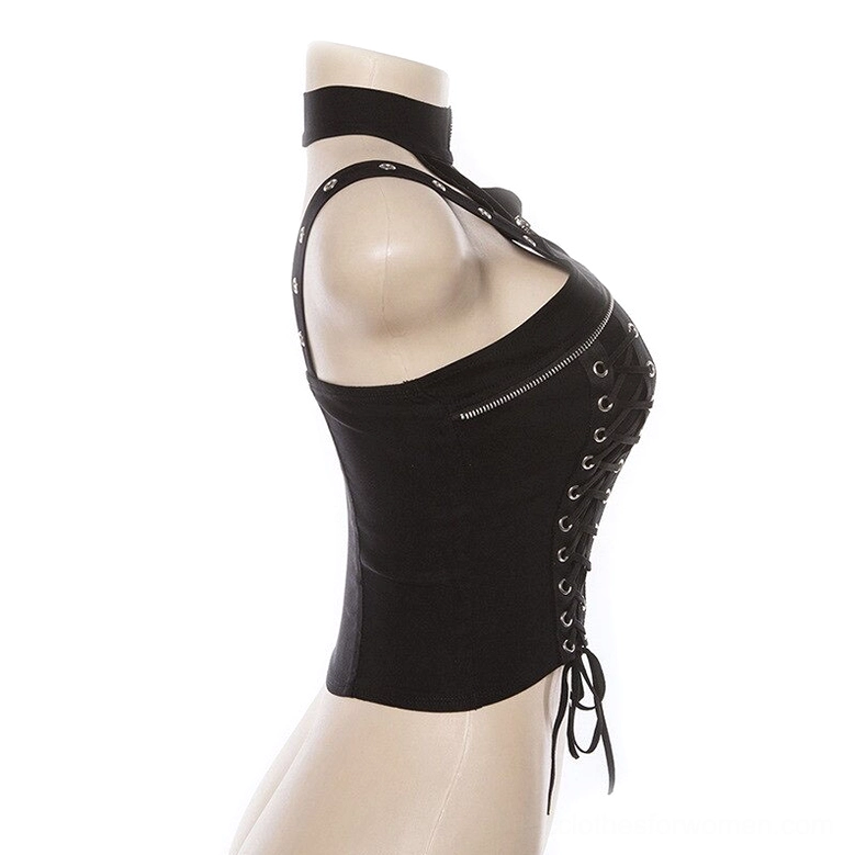 Right side view of black halter corset top with attached choker element on mannequin, displaying side lace-up ties and cropped length