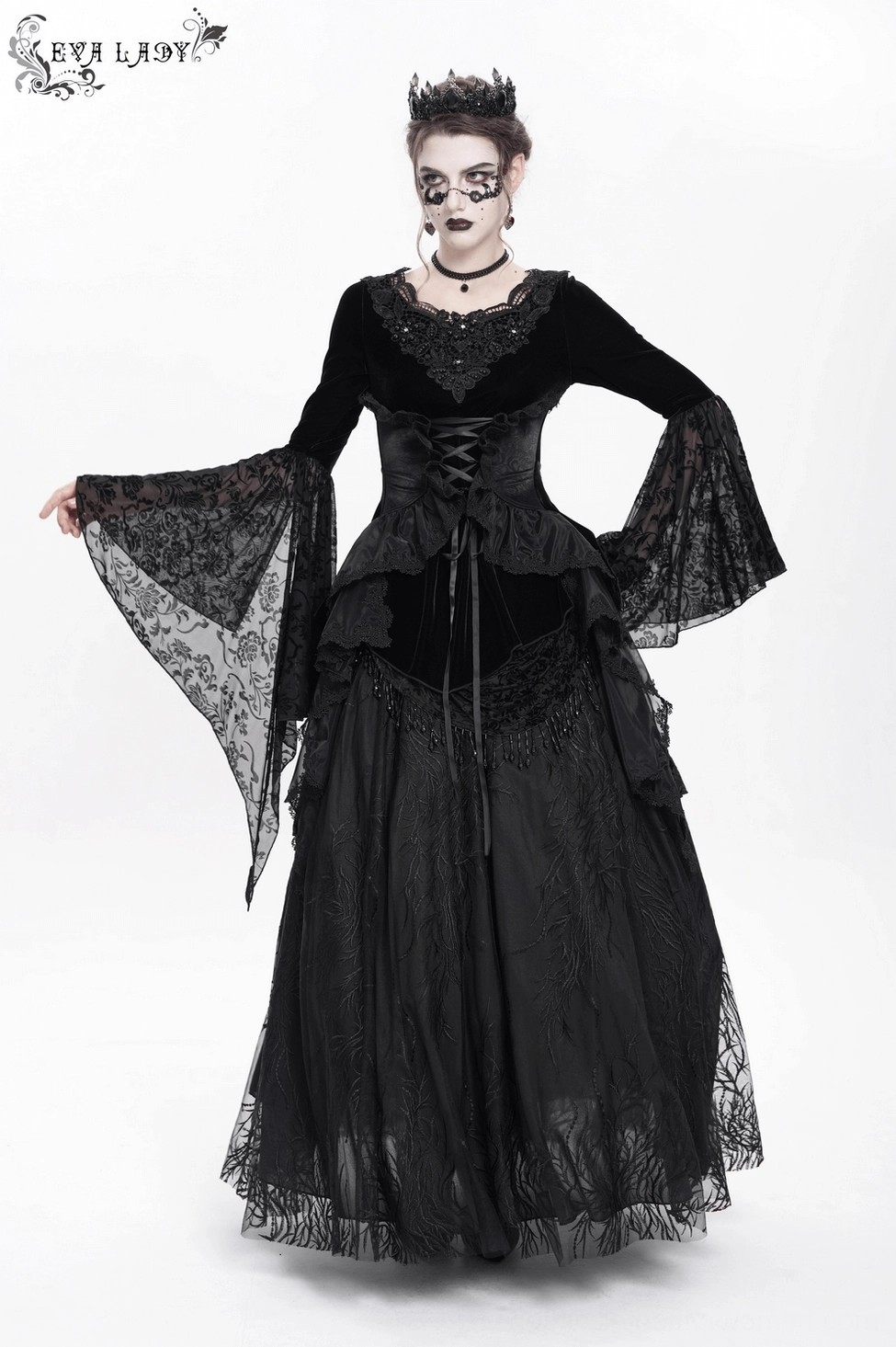 Black velvet gothic corset top with Victorian lace details and beaded neckline trim