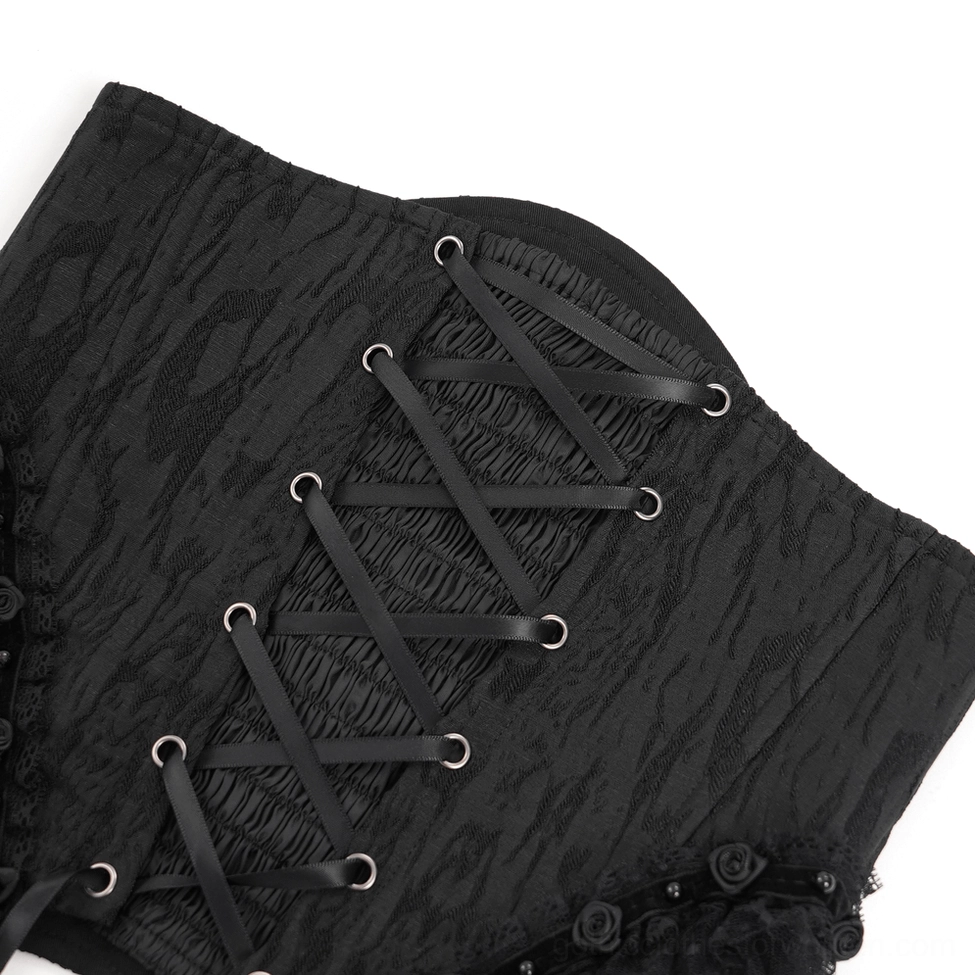Gothic underbust corset displaying full layered tulle and lace aesthetic with dark romantic metal embellishments