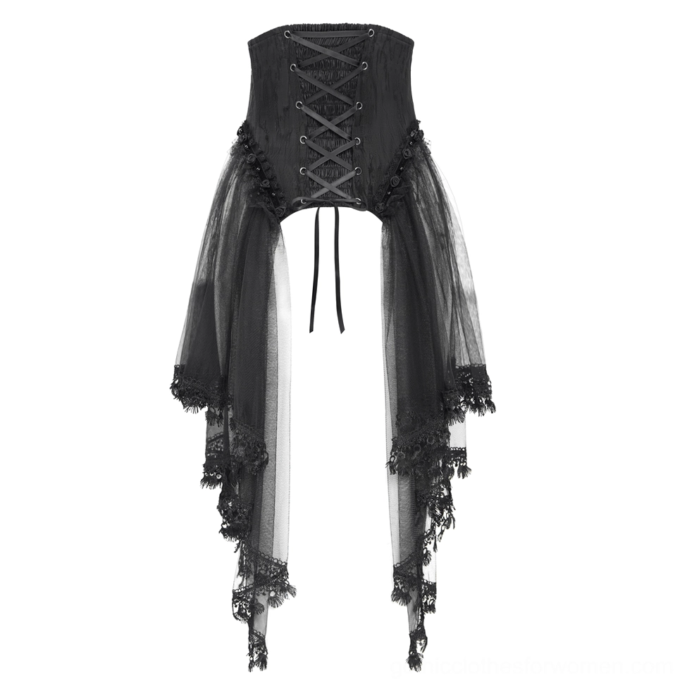 Gothic underbust corset with lace-up back and hanging tulle pieces displaying ethereal layered design elements