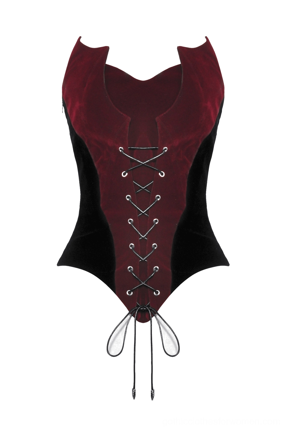 Wine red and black velvet gothic corset flat lay, front view showing lace-up detail and drawstring hem