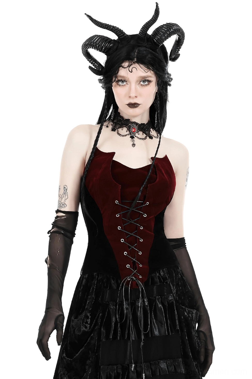 Wine red and black velvet gothic corset with lace-up front, front full-body view on model with demon horn headdress