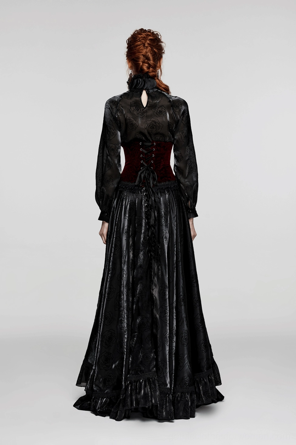 Victorian inspired gothic corset burgundy floral print velvet construction